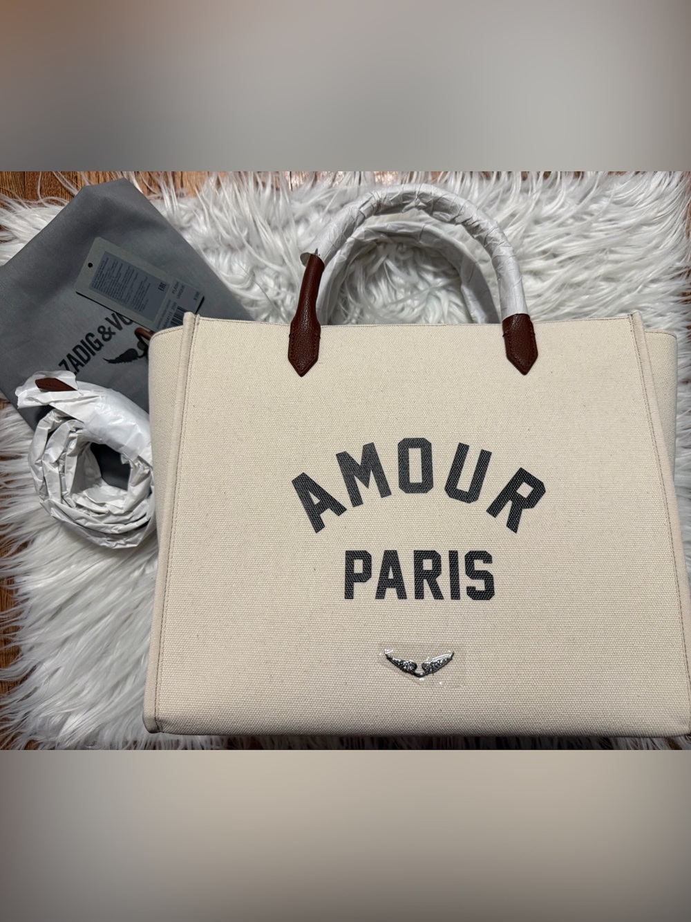 Zadig & Voltaire Cream AMOUR PARIS Canvas Tote with Brown Handles
